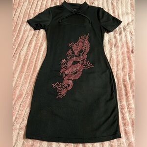 SHEIN Black Dress with Red Dragon Design